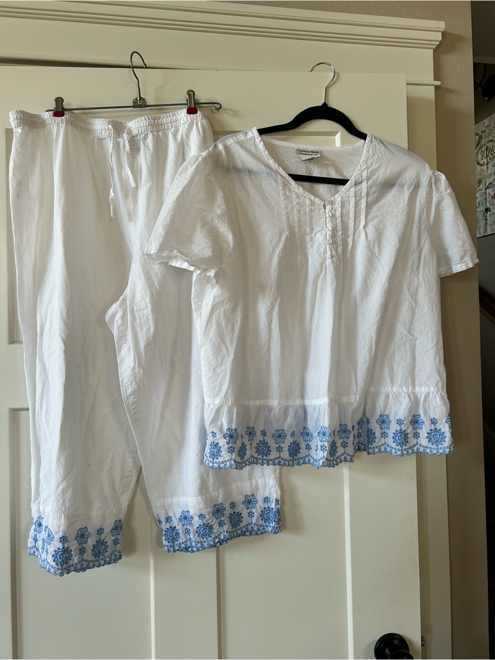 White Two-Piece Top and Pants with Blue Floral Embroidery